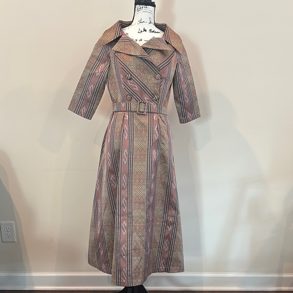 Brown and Pink A-line Buttoned Dress with Notched Collar